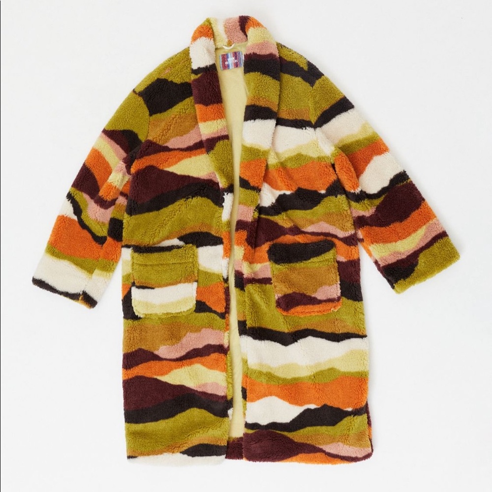 NWT UO Teddy Abstract Animal Print Striped Longline Teddy Coat - Picture 6 of 6